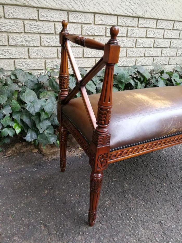 A 20th Century French Carved Mahogany Ottoman With Gilt Tooled Brown Leather - Image 5