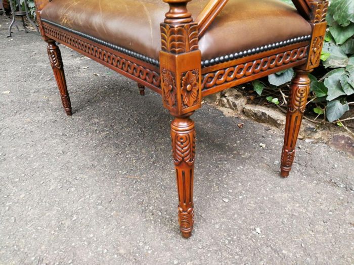 A 20th Century French Carved Mahogany Ottoman With Gilt Tooled Brown Leather - Image 6