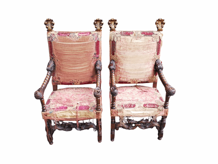 A Pair of Early 19th Century Gilt Wood and Oak Carved Throne Chairs (Still with the original silk and embroidery) Provenance:  Queen Natalia of Serbia