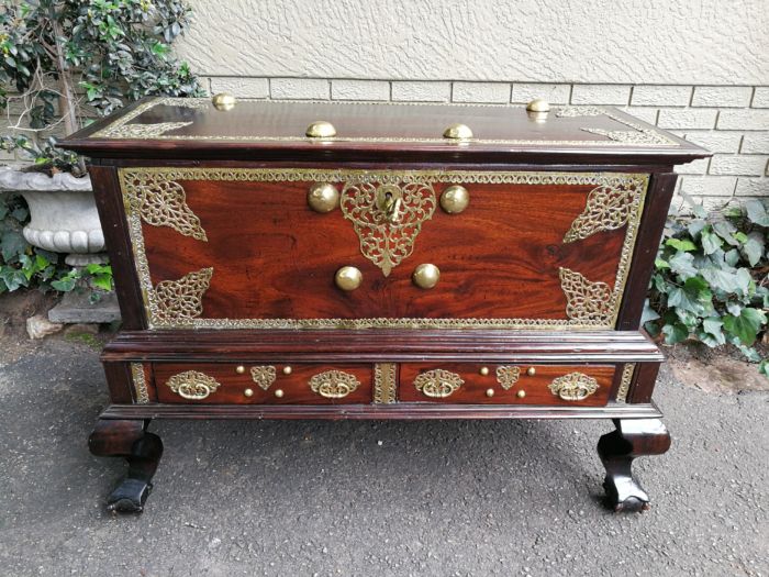 A Late 17th Century/Early 18th Century Dutch Colonial Batavian Hardwood and Ebonised Brass-Bound Chest-on-stand, in Two Parts ND