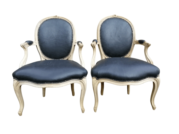 A 20th Century Pair Of French Louis XIV Style White Oak Armchairs In A Contemporary Bleached Finish And Upholstered In Black Leather ND