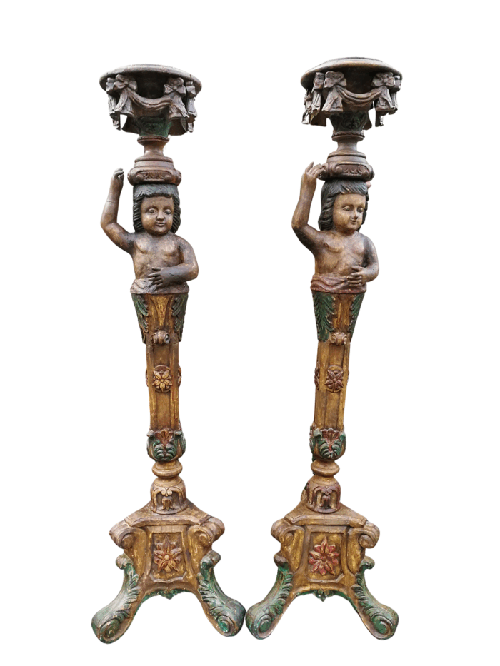 A Pair of 19th century gilt-wood and Paint Wooden Torchères