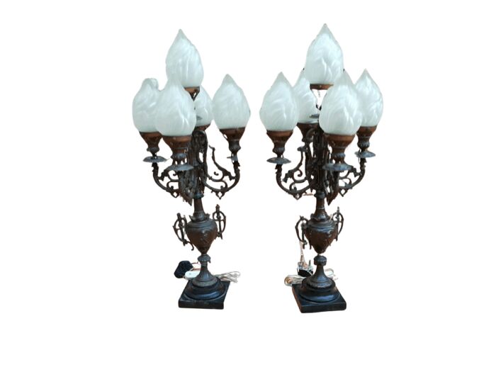 A Pair of 20th Century Metal Candelabras with Frosted Lamp Shades