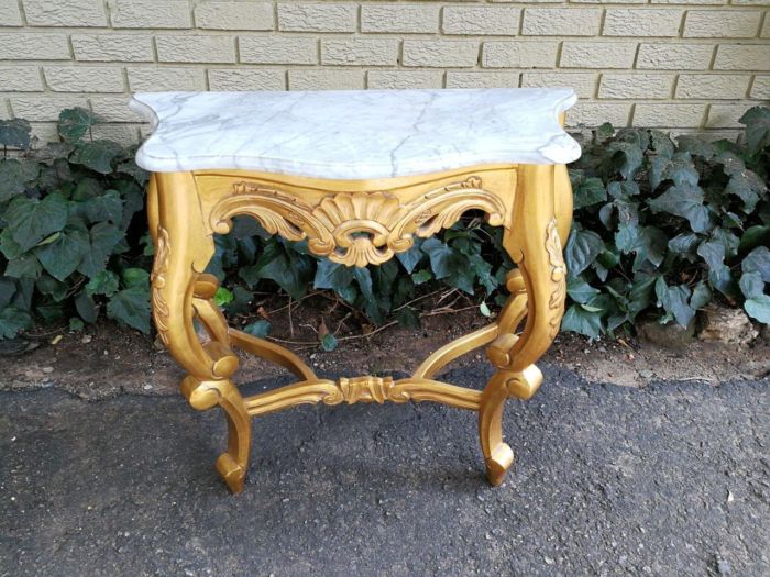 A 20th Century Style Carved and Wooden Hand Gilded Console Table With Marble Top - Image 2