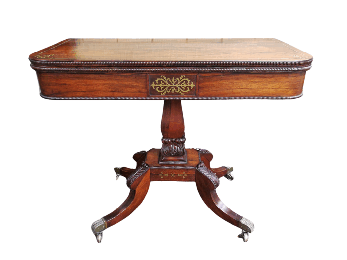 A Regency Circa 1800 Rosewood Inlaid and folding Card Table. BADA Stamp  (British Antique Dealers Association) with Brass Beading, on Brass Castors