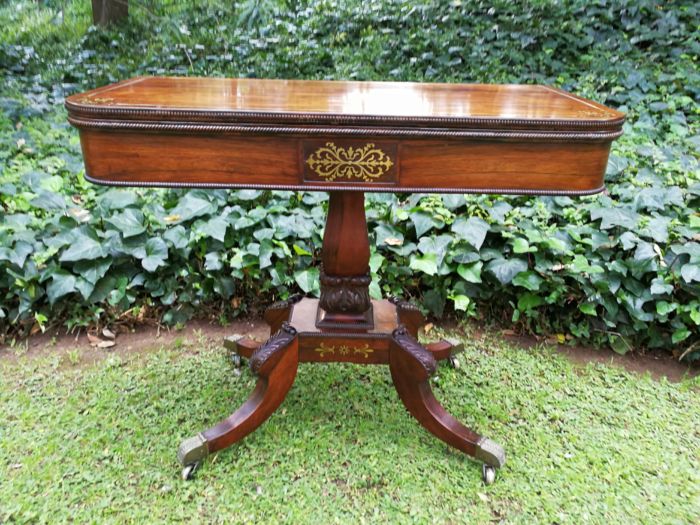 A Regency Circa 1800 Rosewood Inlaid and folding Card Table. BADA Stamp  (British Antique Dealers Association) with Brass Beading, on Brass Castors - Image 3
