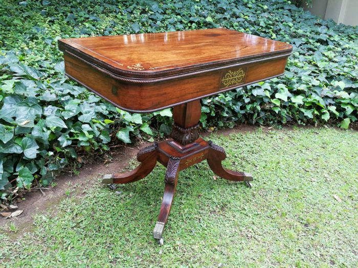 A Regency Circa 1800 Rosewood Inlaid and folding Card Table. BADA Stamp  (British Antique Dealers Association) with Brass Beading, on Brass Castors - Image 5