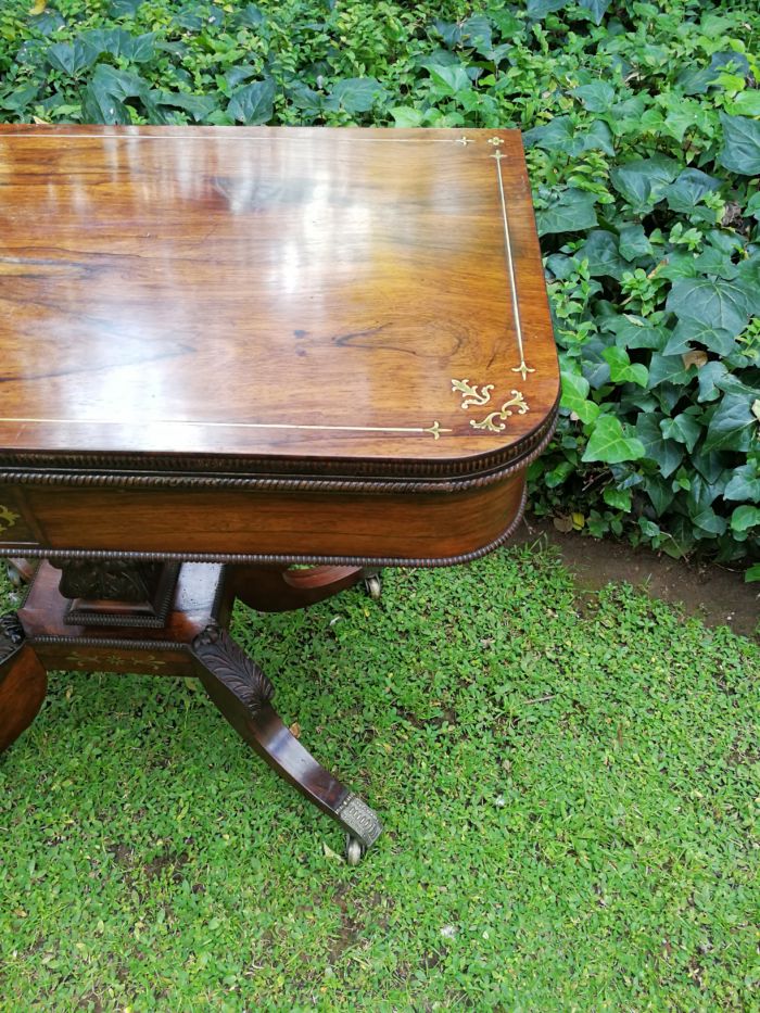 A Regency Circa 1800 Rosewood Inlaid and folding Card Table. BADA Stamp  (British Antique Dealers Association) with Brass Beading, on Brass Castors - Image 8