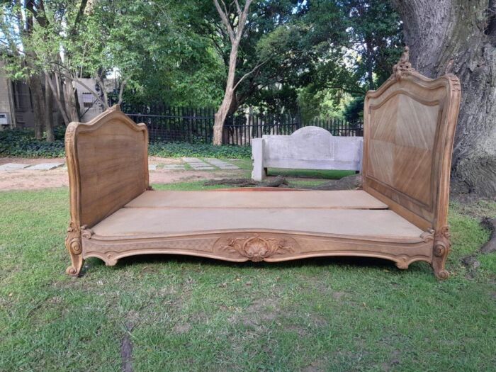 A 19th Century Circa 1880 Ornately Carved and Inlaid Marquetry Bed in a Contemporary Bleached Finish - Image 2