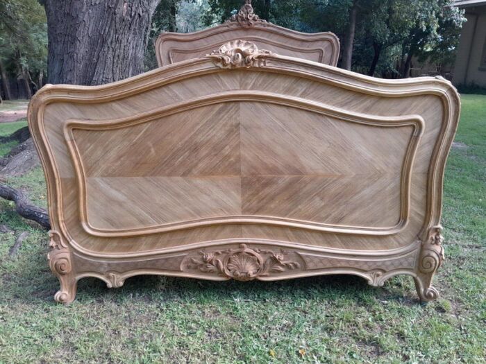 A 19th Century Circa 1880 Ornately Carved and Inlaid Marquetry Bed in a Contemporary Bleached Finish - Image 7