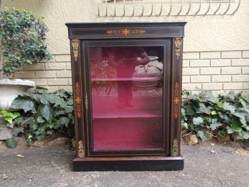 An Antique Victorian Ebonised And Marquetry Pier Cabinet With Gilt Metal Mounts And Key