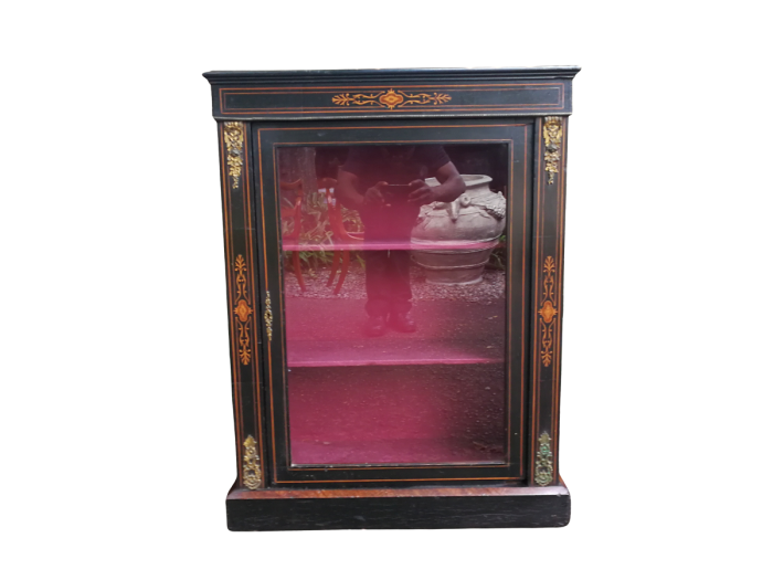 An Antique Victorian Ebonised And Marquetry Pier Cabinet With Gilt Metal Mounts And Key