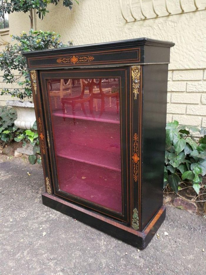 An Antique Victorian Ebonised And Marquetry Pier Cabinet With Gilt Metal Mounts And Key - Image 3