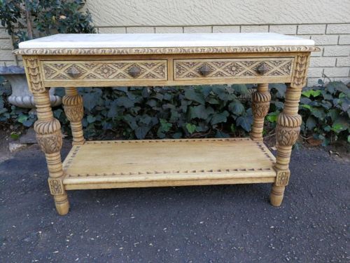 An Antique Victorian Ornately Carved Oak Drinks Table/Entrance Table/Server with Marble Top and in a Contemporary Bleached Finish