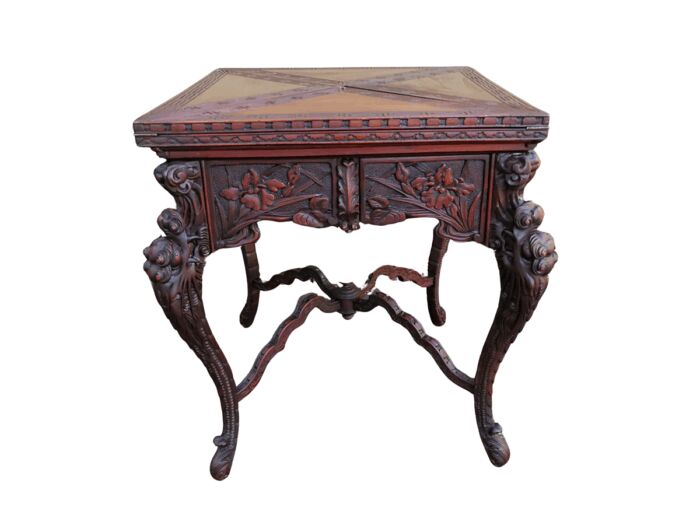 A 20th Century Carved Wooden Games Table with Four Drawers and Interior with Baize and Four Drawers