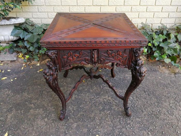 A 20th Century Carved Wooden Games Table with Four Drawers and Interior with Baize and Four Drawers - Image 3