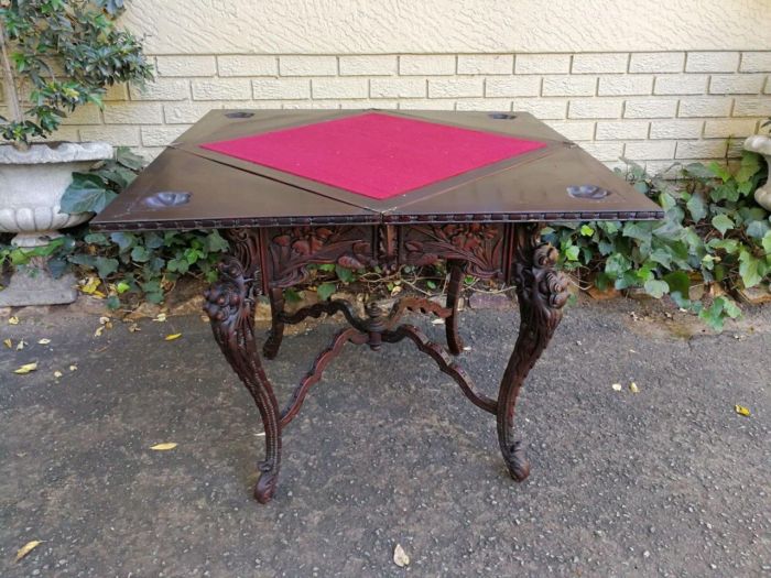 A 20th Century Carved Wooden Games Table with Four Drawers and Interior with Baize and Four Drawers - Image 8
