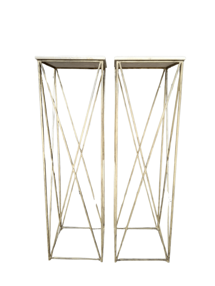 A Pair of Antique Gold Decorative Large Size Wrought Iron Plinths with Marble Tops Custom-Made for The Crown Collection