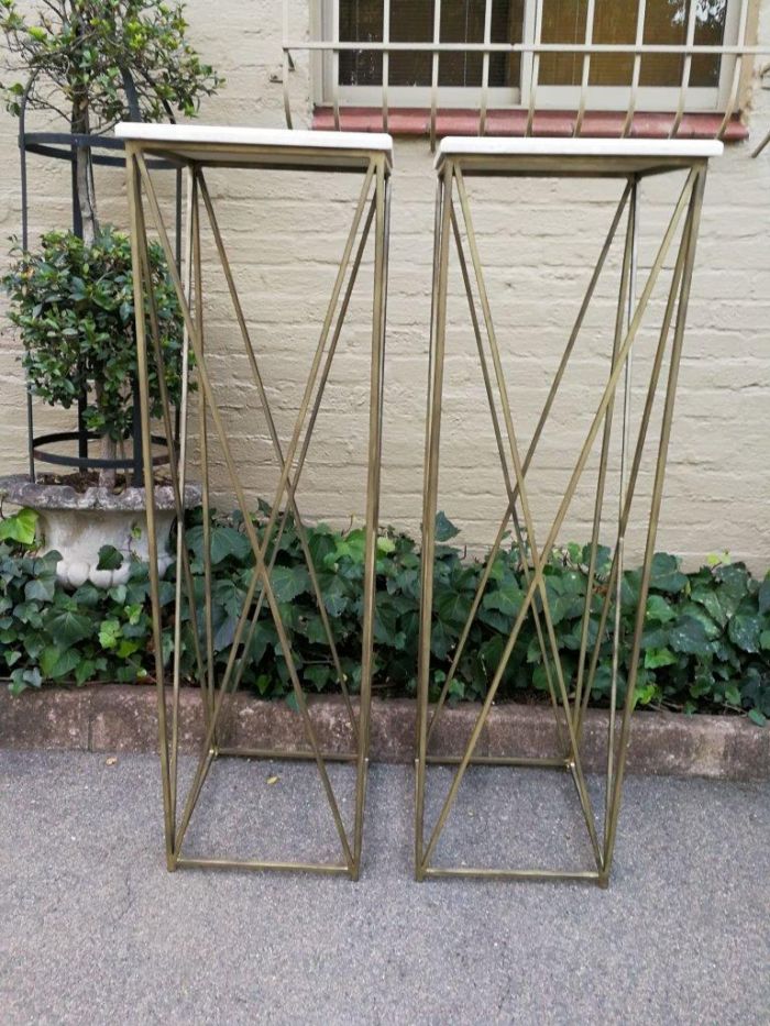 A Pair of Antique Gold Decorative Large Size Wrought Iron Plinths with Marble Tops Custom-Made for The Crown Collection - Image 2