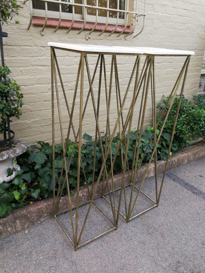 A Pair of Antique Gold Decorative Large Size Wrought Iron Plinths with Marble Tops Custom-Made for The Crown Collection - Image 4
