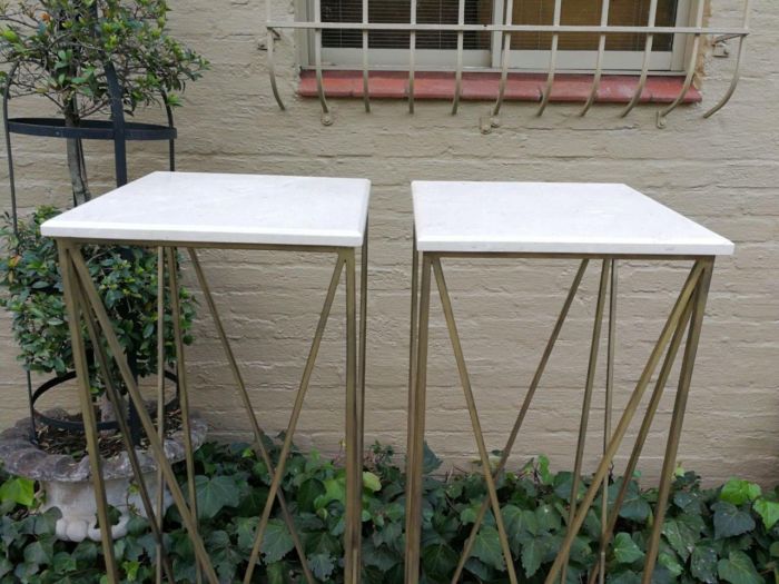 A Pair of Antique Gold Decorative Large Size Wrought Iron Plinths with Marble Tops Custom-Made for The Crown Collection - Image 5