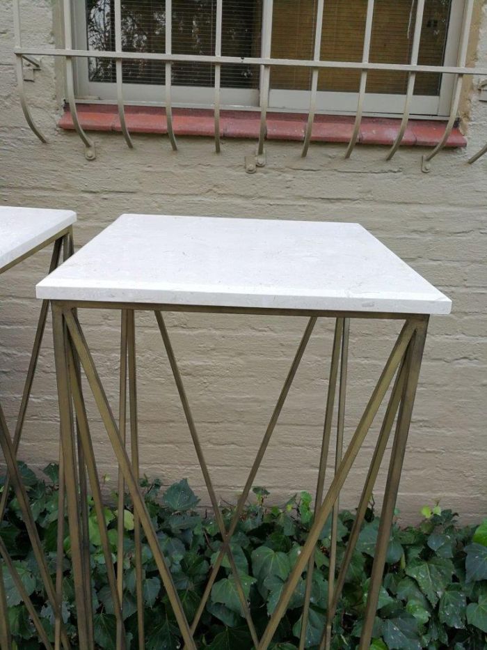 A Pair of Antique Gold Decorative Large Size Wrought Iron Plinths with Marble Tops Custom-Made for The Crown Collection - Image 6