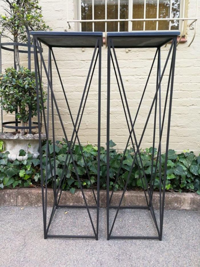A Pair of Graphine Decorative Large Size Wrought Iron Plinths with Marble Tops Custom-Made for The Crown Collection