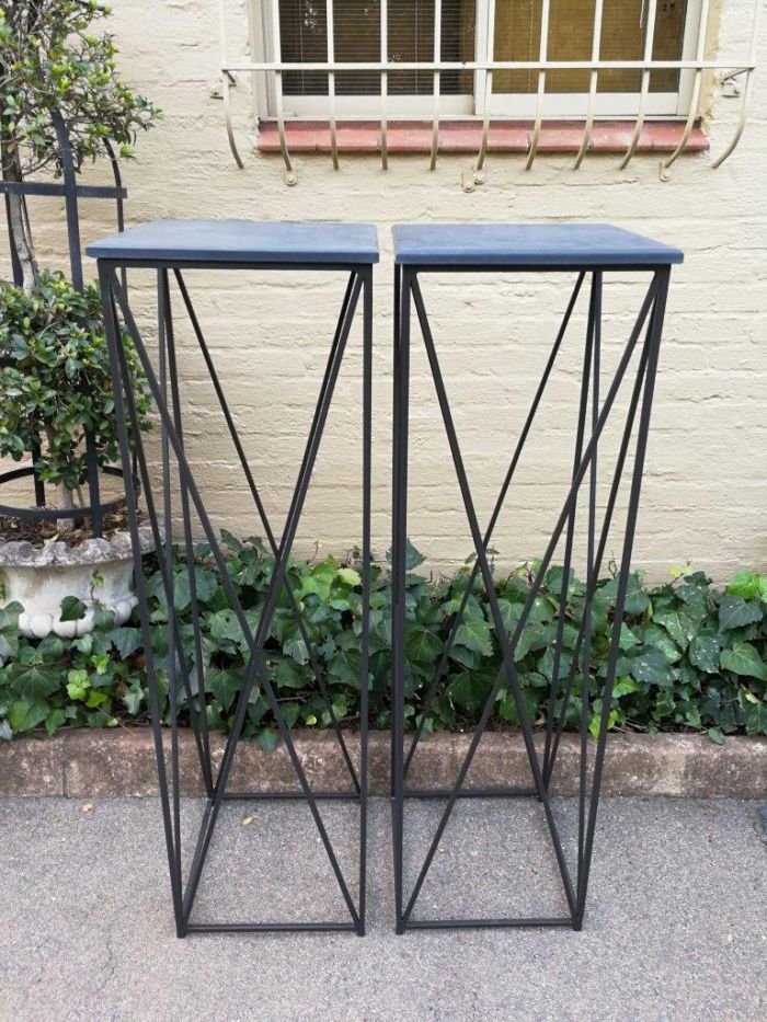 A Pair of Graphine Decorative Large Size Wrought Iron Plinths with Marble Tops Custom-Made for The Crown Collection - Image 2