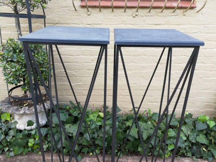 A Pair of Graphine Decorative Large Size Wrought Iron Plinths with Marble Tops Custom-Made for The Crown Collection - Image 5