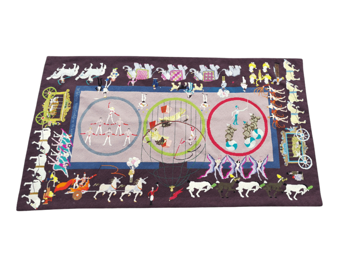 A 20th Century Custom and Handmade Needlepoint Tapestry/Rug Of a Circus Scene Dimensions: 147cm x 86cm R28,800