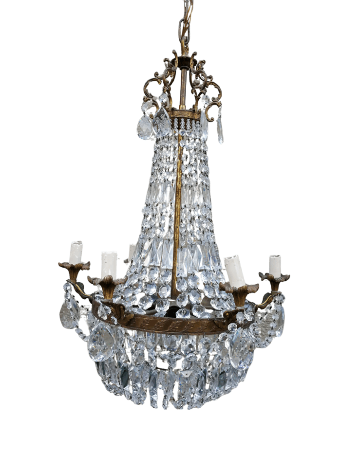 A 20th Century French Style Empire Brass and Crystal Chandelier