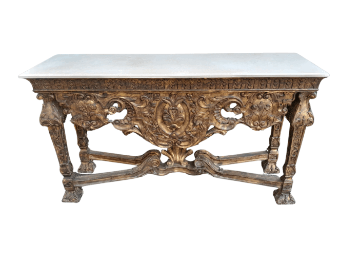 A 20th Century French Ornately Carved Giltwood  Console /Drinks Table with Marble Top
