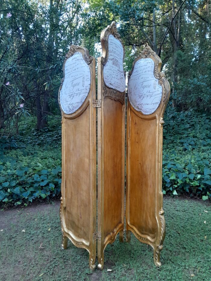 A French Rococo Style Ornately Carved Gilt-Wood Screen Upholstered in a Custom Design Fabric for The Crown Collection