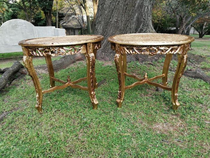 A Pair Of French Style Ornately Carved Rattan Top Side Tables