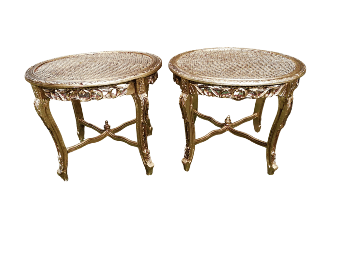 A Pair Of French Style Ornately Carved Rattan Top Side Tables