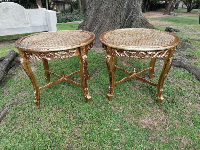 A Pair Of French Style Ornately Carved Rattan Top Side Tables - Image 2