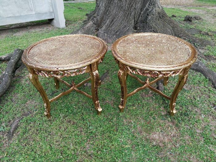 A Pair Of French Style Ornately Carved Rattan Top Side Tables - Image 3