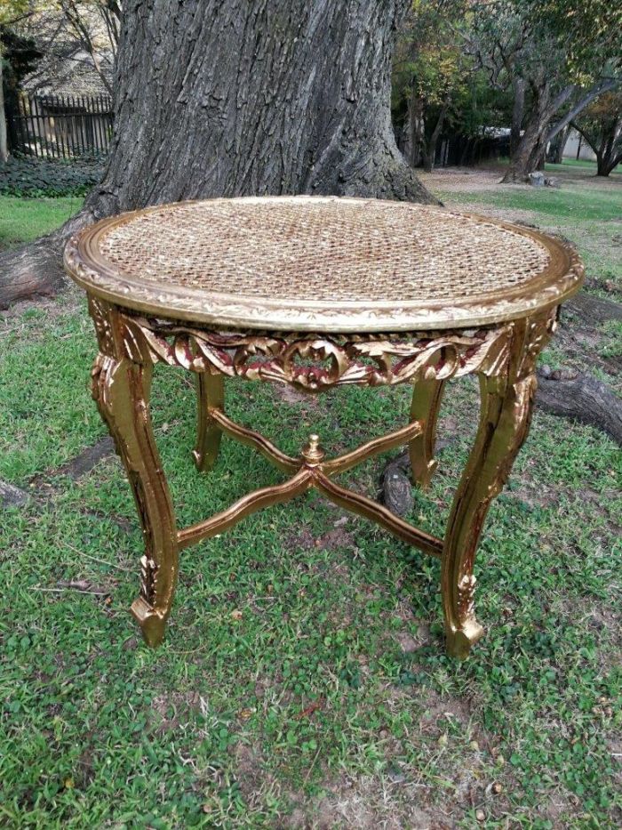 A Pair Of French Style Ornately Carved Rattan Top Side Tables - Image 4