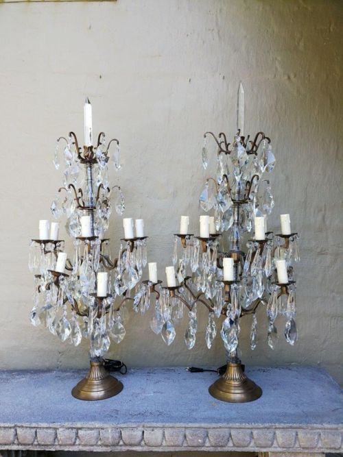 A Pair of French Girandole Gallery Candelabras / Brass and Crystal Table Lamps (Large)