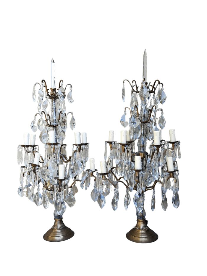A Pair of French Girandole Gallery Candelabras / Brass and Crystal Table Lamps (Large)
