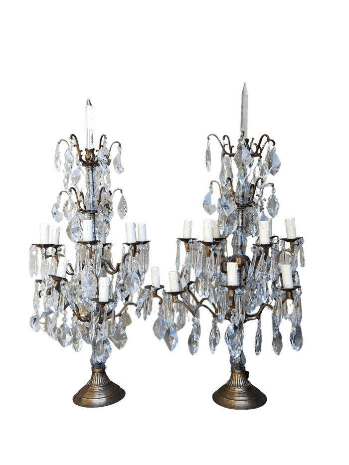 A Pair of French Girandole Gallery Candelabras / Brass and Crystal Table Lamps (Large)