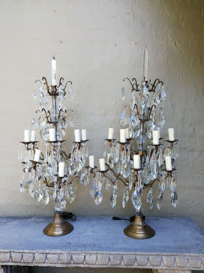 A Pair of French Girandole Gallery Candelabras / Brass and Crystal Table Lamps (Large) - Image 2