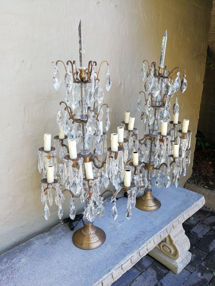 A Pair of French Girandole Gallery Candelabras / Brass and Crystal Table Lamps (Large) - Image 3