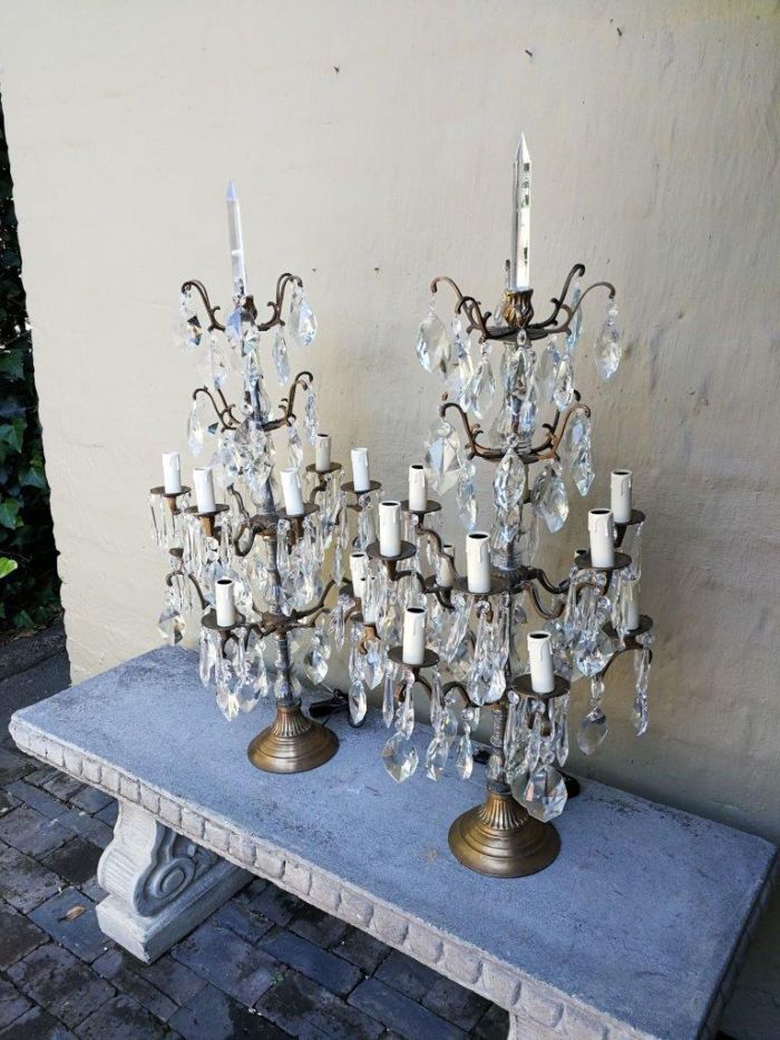 A Pair of French Girandole Gallery Candelabras / Brass and Crystal Table Lamps (Large) - Image 4