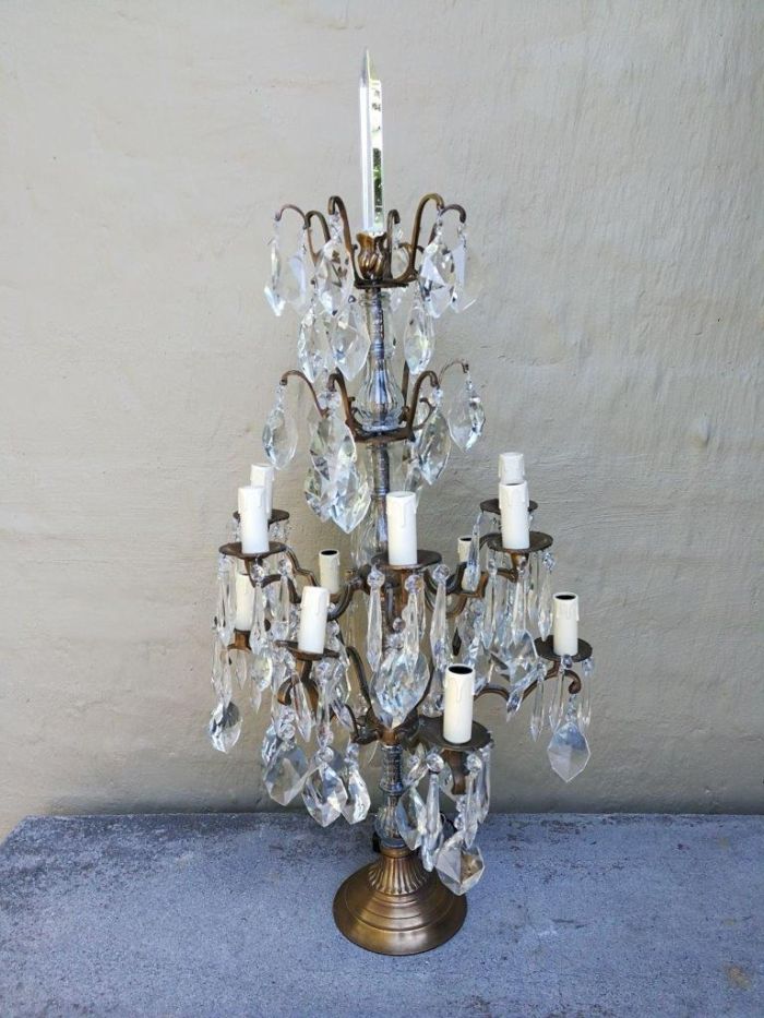 A Pair of French Girandole Gallery Candelabras / Brass and Crystal Table Lamps (Large) - Image 5