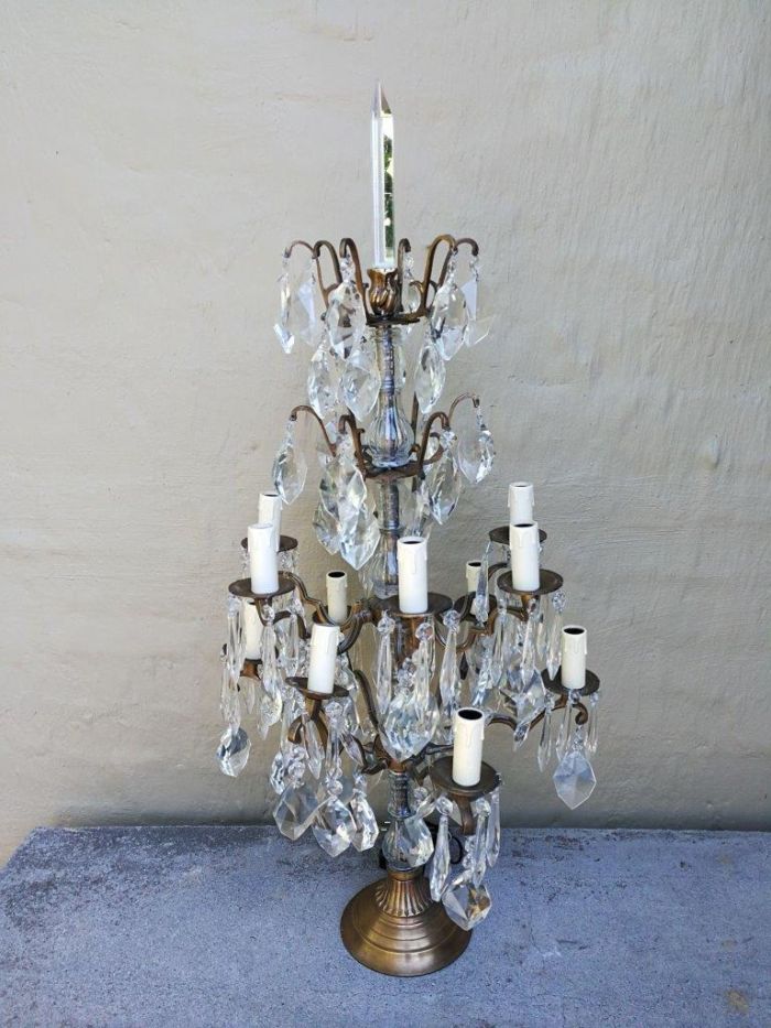 A Pair of French Girandole Gallery Candelabras / Brass and Crystal Table Lamps (Large) - Image 6