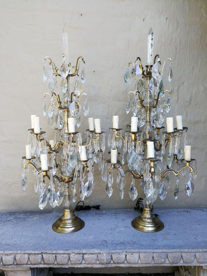 A Pair of French Girandole Gallery Candelabras / Brass and Crystal Table Lamps (Large) - Image 9