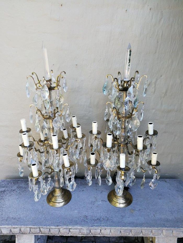 A Pair of French Girandole Gallery Candelabras / Brass and Crystal Table Lamps (Large) - Image 10