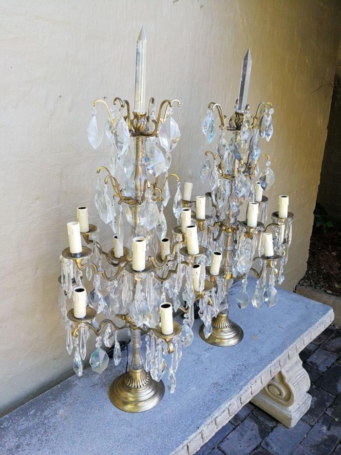 A Pair of French Girandole Gallery Candelabras / Brass and Crystal Table Lamps (Large) - Image 11