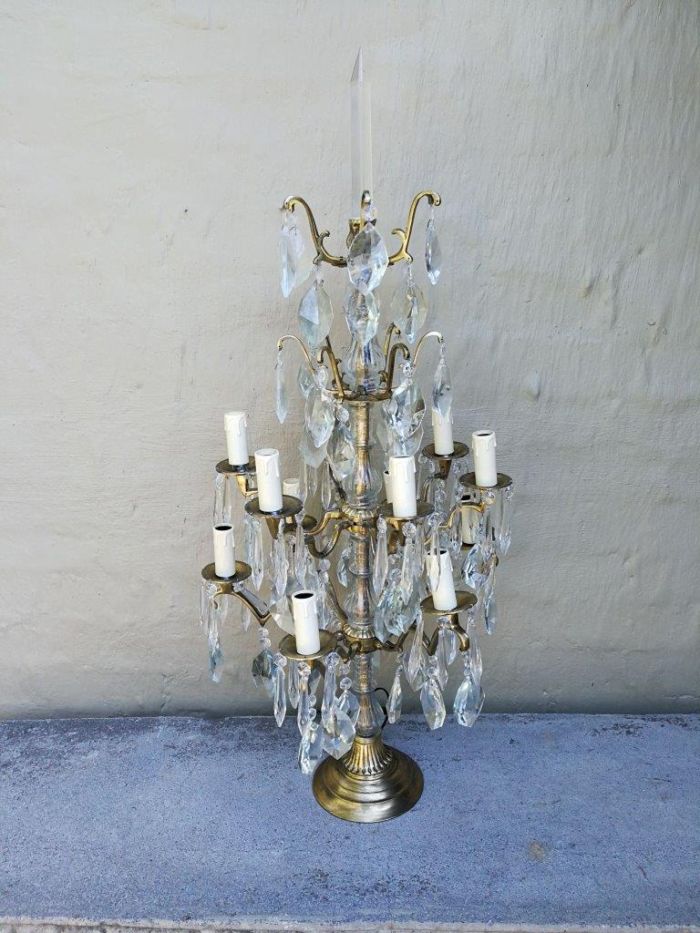 A Pair of French Girandole Gallery Candelabras / Brass and Crystal Table Lamps (Large) - Image 12